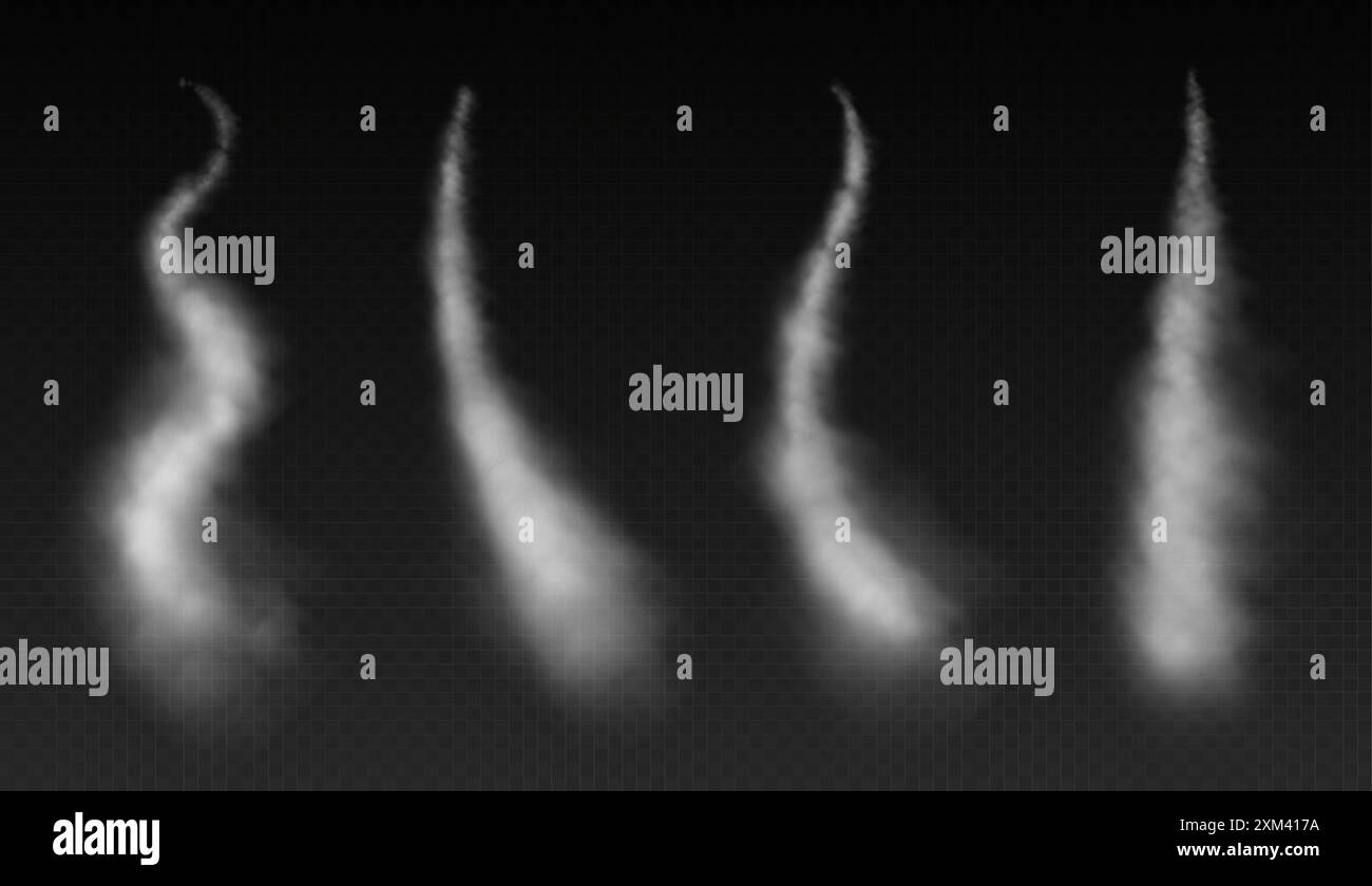 Piste di fumo, piste di condensazione degli aerei, barriere lasciate da un razzo o da un jet, linee di vapore dal rapido movimento di un aereo Illustrazione Vettoriale