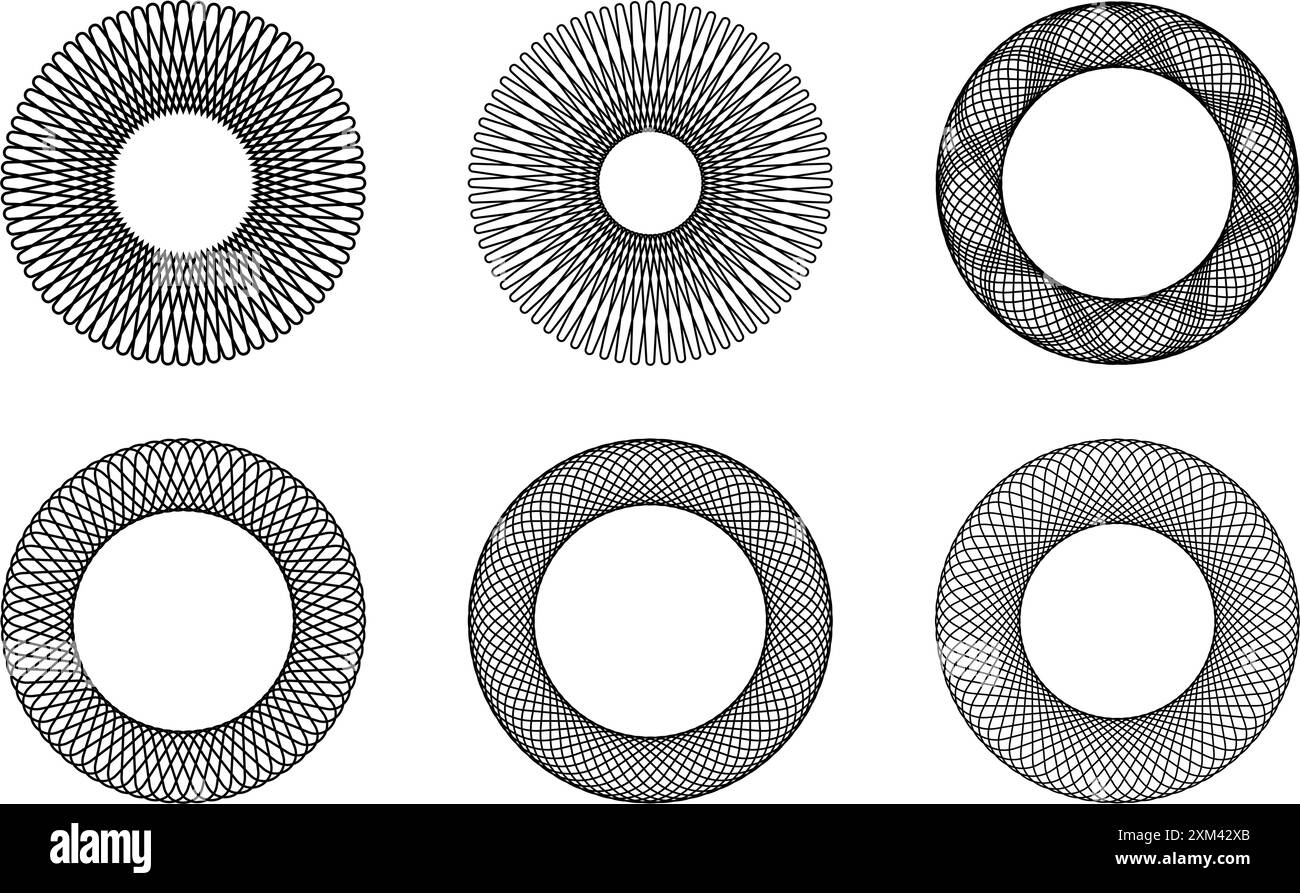 Set di spirografi motivo decorativo per disegno circolare geometrico. illustrazione vettoriale Illustrazione Vettoriale