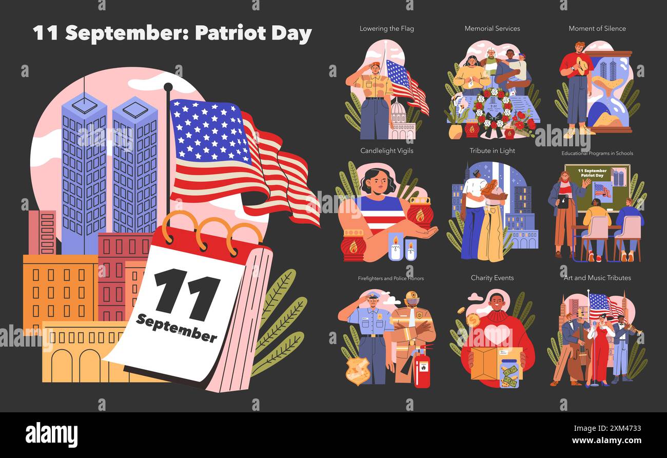 Festa del Patriot. Commemorare il 9 11 attraverso cerimonie, veglie e tributi. Riflettendo unità, onore e memoria in America. Illustrazione vettoriale. Illustrazione Vettoriale