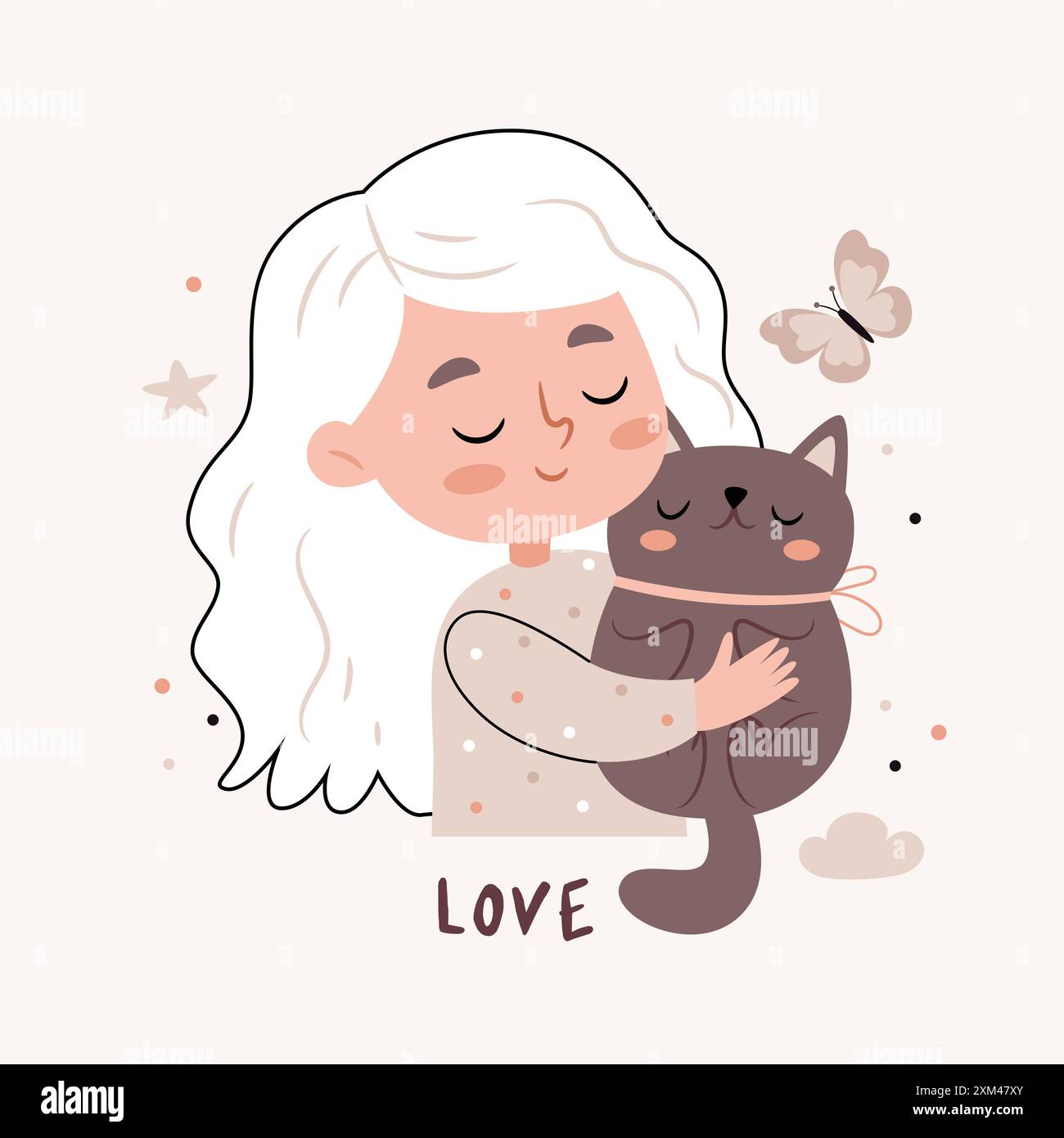 Una ragazza abbraccia un gatto. Testo amore. Carino cartone animato Bohemian Scandi poster per vivaio nei colori beige e grigio. Stampa vettoriale boho Illustrazione Vettoriale