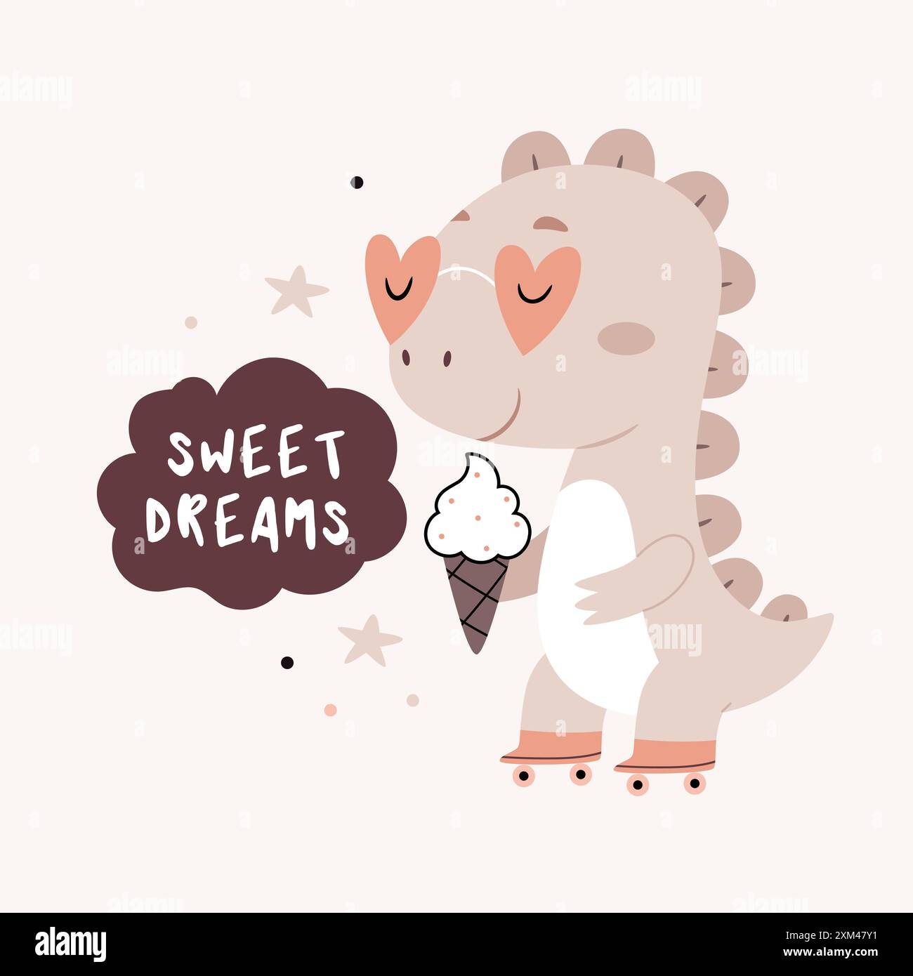 Dinosauro con gelato su rulli. Scrivi sogni dolci. Simpatici poster dei vivai bohémien nei colori grigio beige. Stampa vettoriale boho Illustrazione Vettoriale