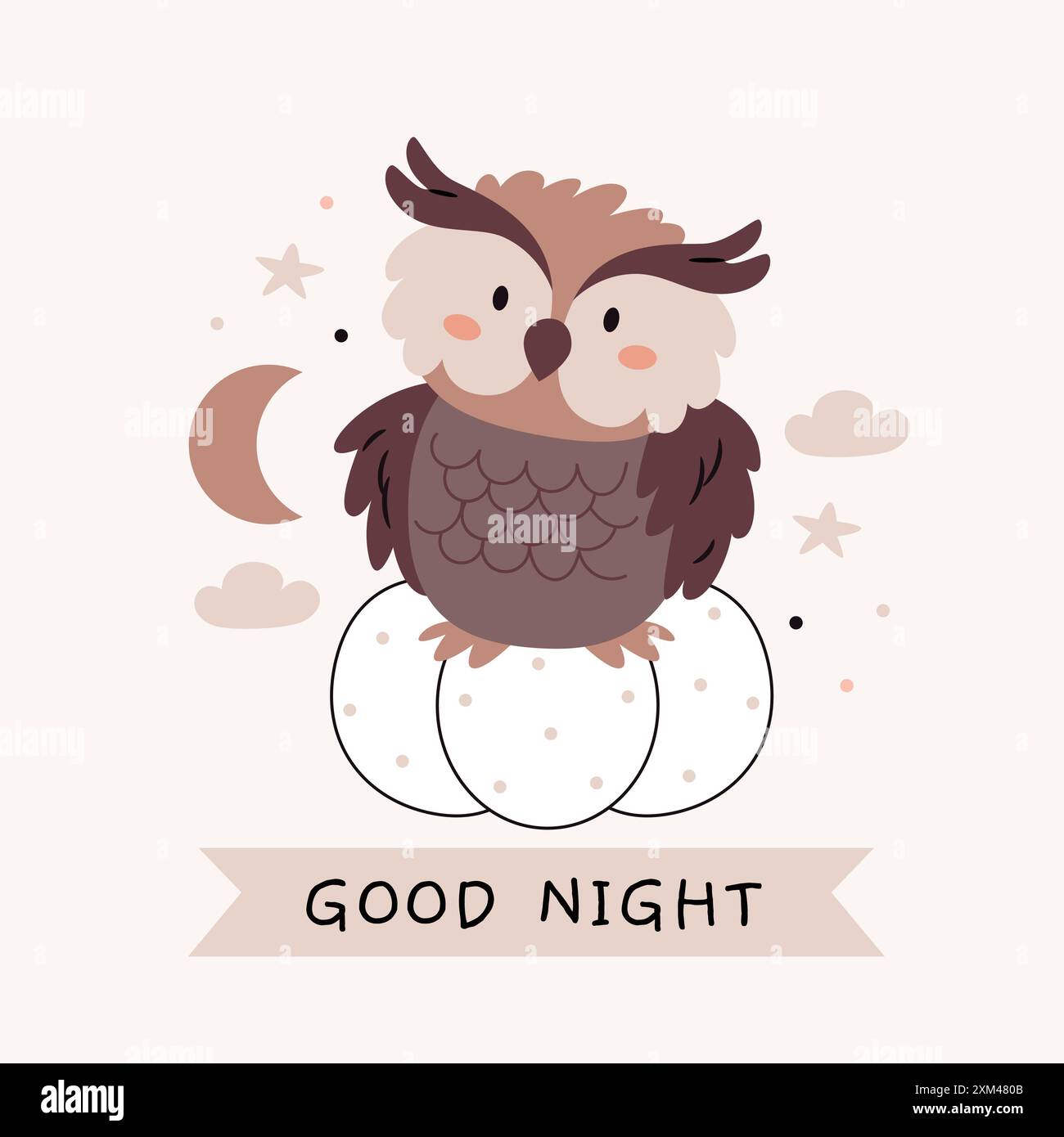 Un gufo è seduto su una zucca. Buon messaggio notturno. Carino cartoni animati bohémien scandinavo, poster nei colori beige e grigio. Stampa vettoriale boho Illustrazione Vettoriale