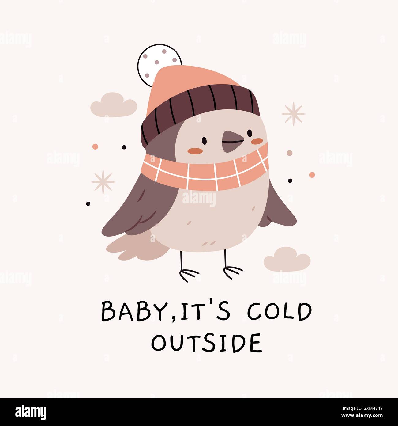 Un uccello con una sciarpa e un cappello. Testo. il bambino fa freddo fuori. Carino cartoni animati bohémien scandinavo, poster nei colori beige e grigio. Boho Vector pri Illustrazione Vettoriale