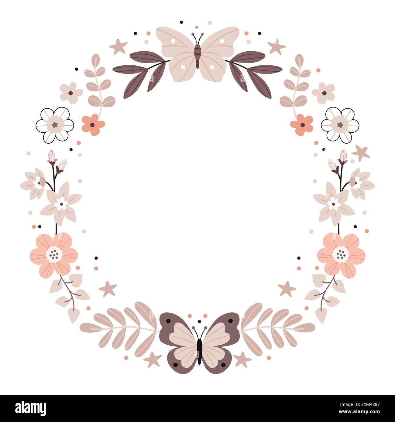 Cornice floreale rotonda con farfalle. Carino cartone animato Bohemian Scandi poster per vivaio nei colori beige e grigio. Stampa vettoriale boho Illustrazione Vettoriale
