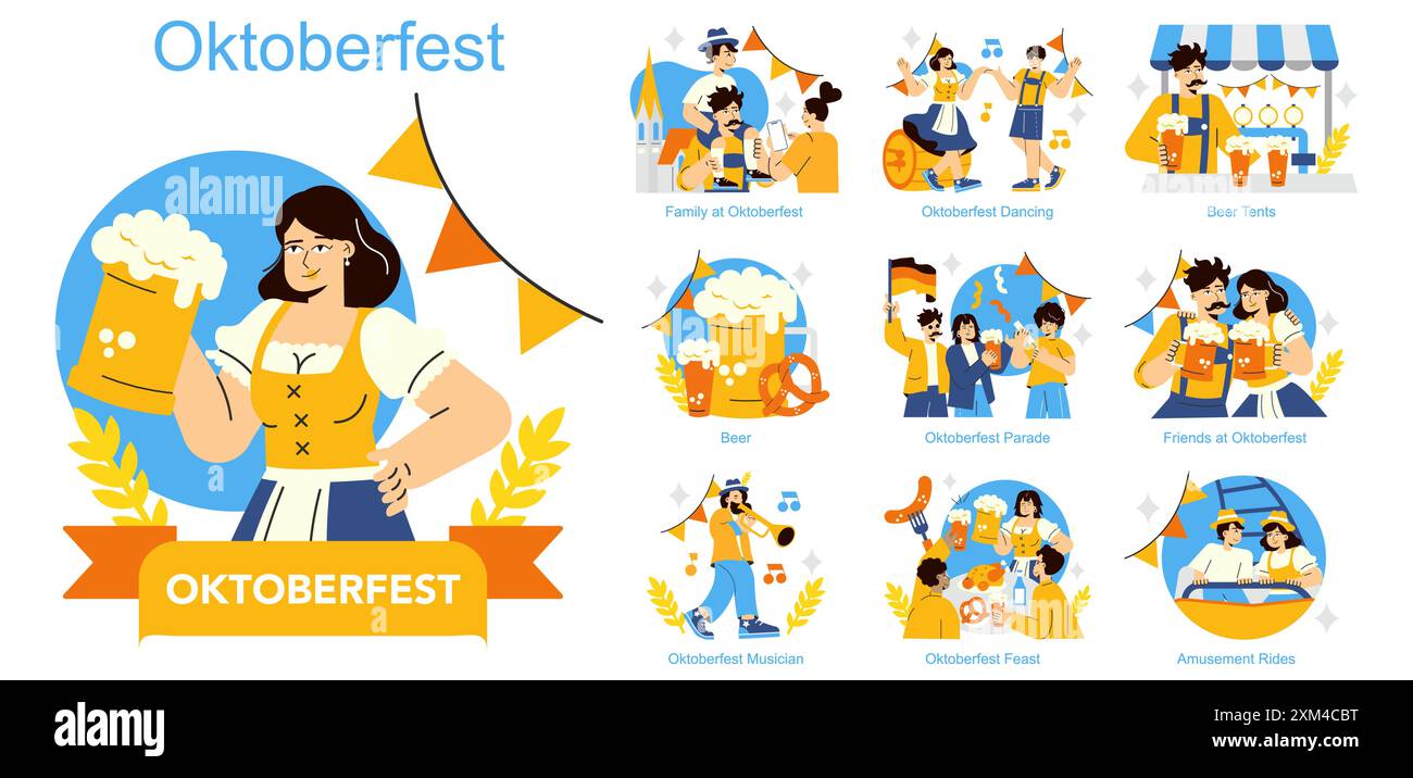 Set Oktoberfest. Scene celebrative che raffigurano le attività tradizionali del festival tedesco. Divertimento per tutta la famiglia, balli culturali, raduni in tenda della birra e parate. Illustrazione vettoriale. Illustrazione Vettoriale