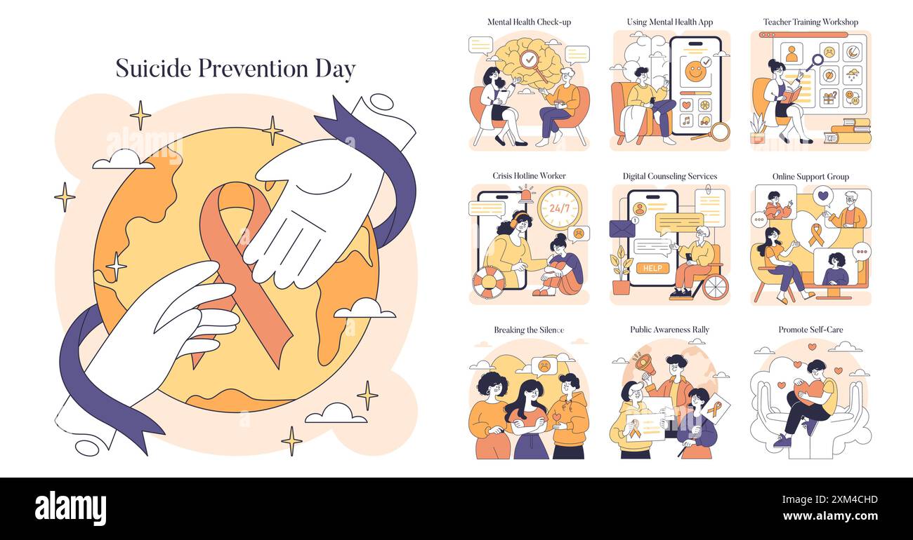 Il giorno della prevenzione del suicidio è fissato. Sensibilizzazione e sostegno alla salute mentale attraverso vari mezzi. Assistenza globale, seminari di formazione, strumenti digitali. Illustrazione vettoriale. Illustrazione Vettoriale