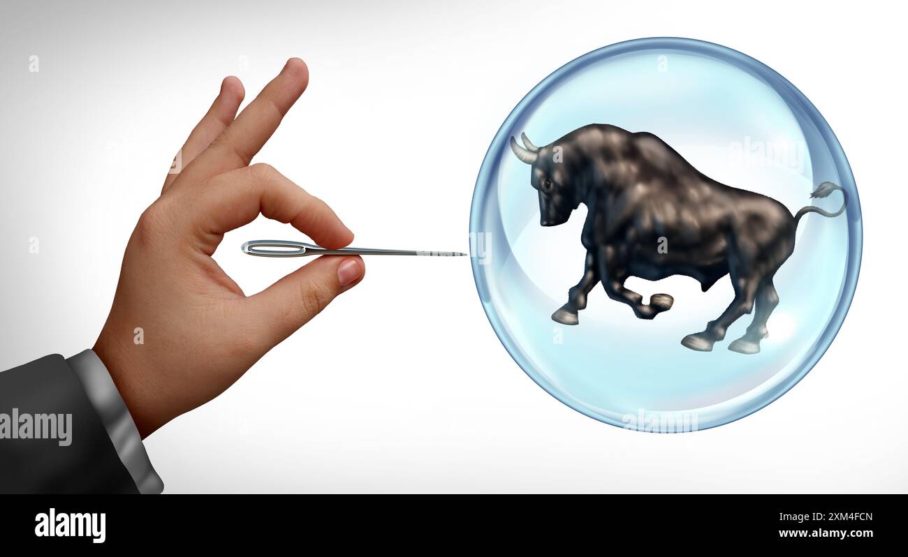 Bull Market Bubble e investimenti economici azionari o rialzisti in qualità di investitore finanziario rischio di inflazione eccessiva del valore azionario che si traduce in p gonfiato Foto Stock