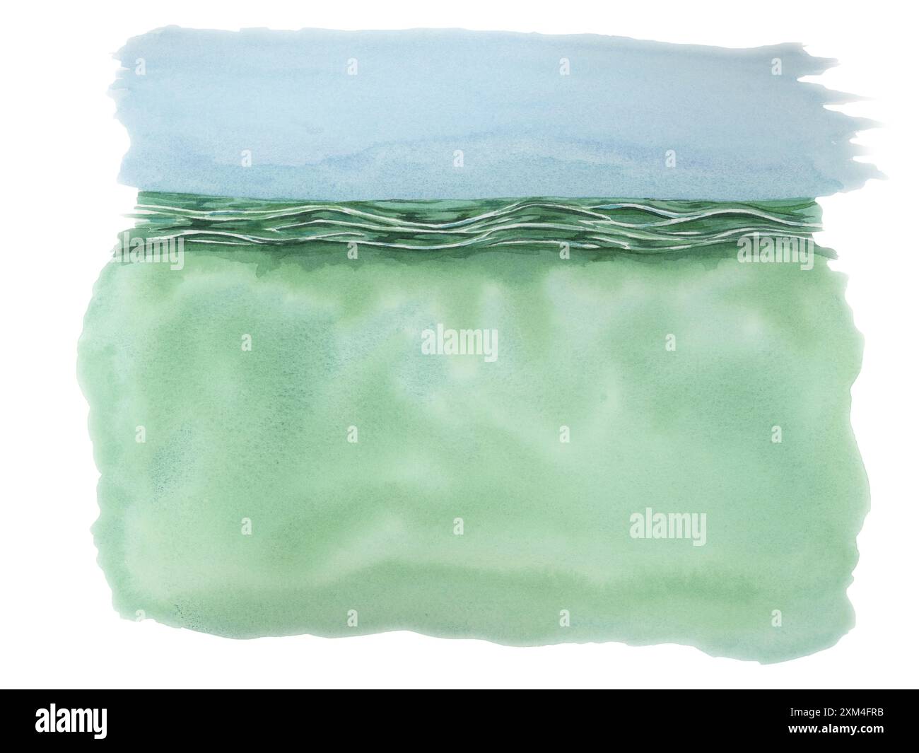 Mare e cielo si incontrano sullo sfondo. Acqua verde dell'oceano, onde e sfondo blu dell'acquerello del cielo. Clipart nautico per progetti ispirati alla natura, materiali didattici, design a tema marino, poster Foto Stock