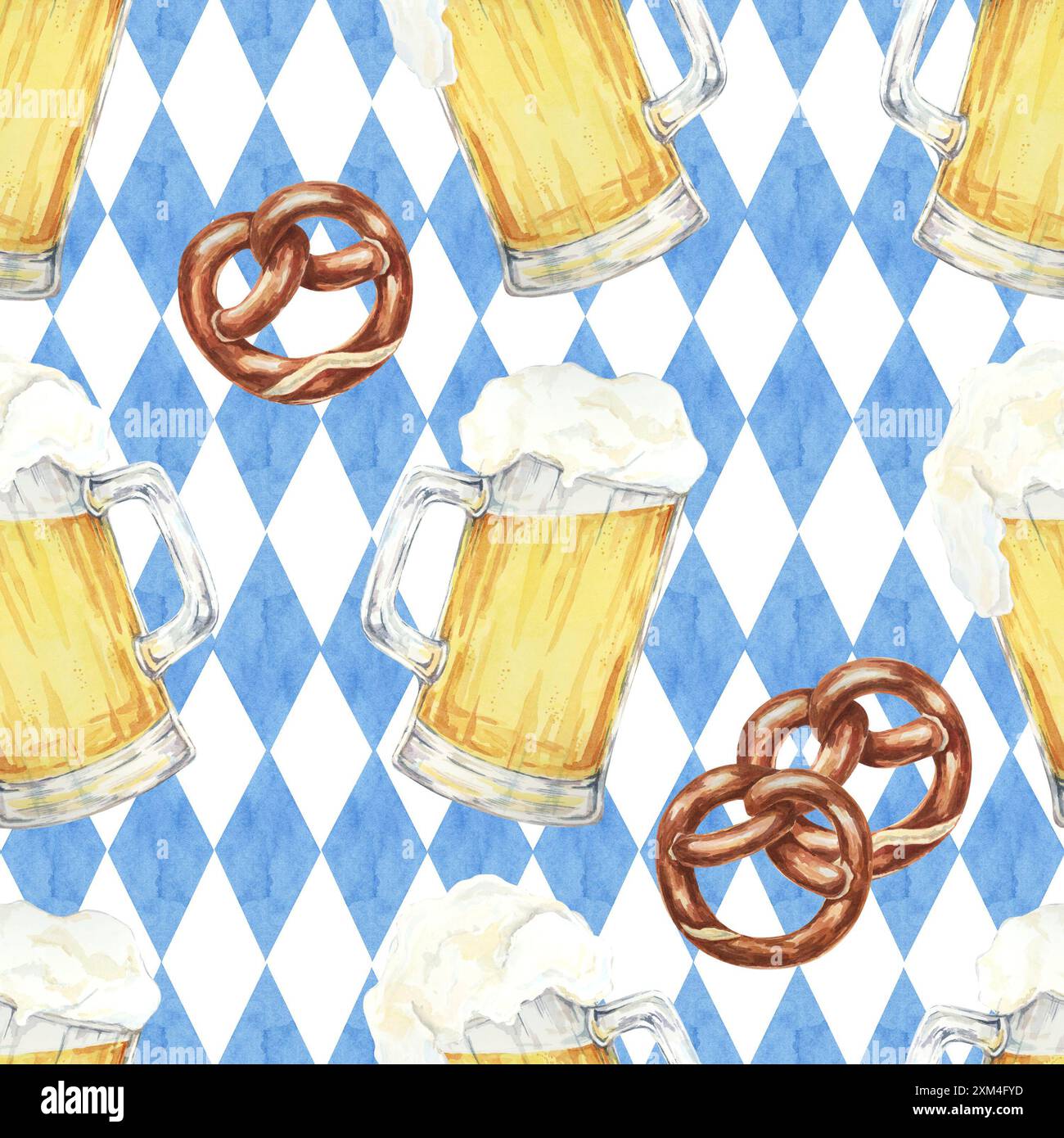 Tazze da birra, pretzel sullo sfondo della bandiera bavarese. Motivo acquerello senza cuciture, ideale per feste, inviti a eventi e articoli e decorazioni a tema Oktoberfest Foto Stock