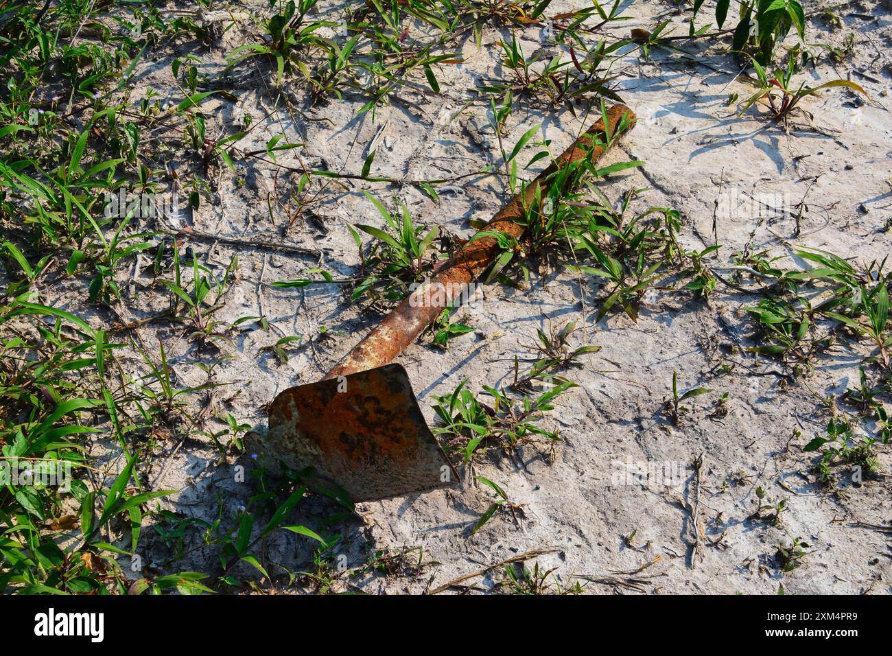 Un vecchio zappino arrugginito abbandonato su terra arida e crepata, che simboleggia lo sfollamento della popolazione locale e la distruzione ambientale, Koh Rong Sanloem Foto Stock