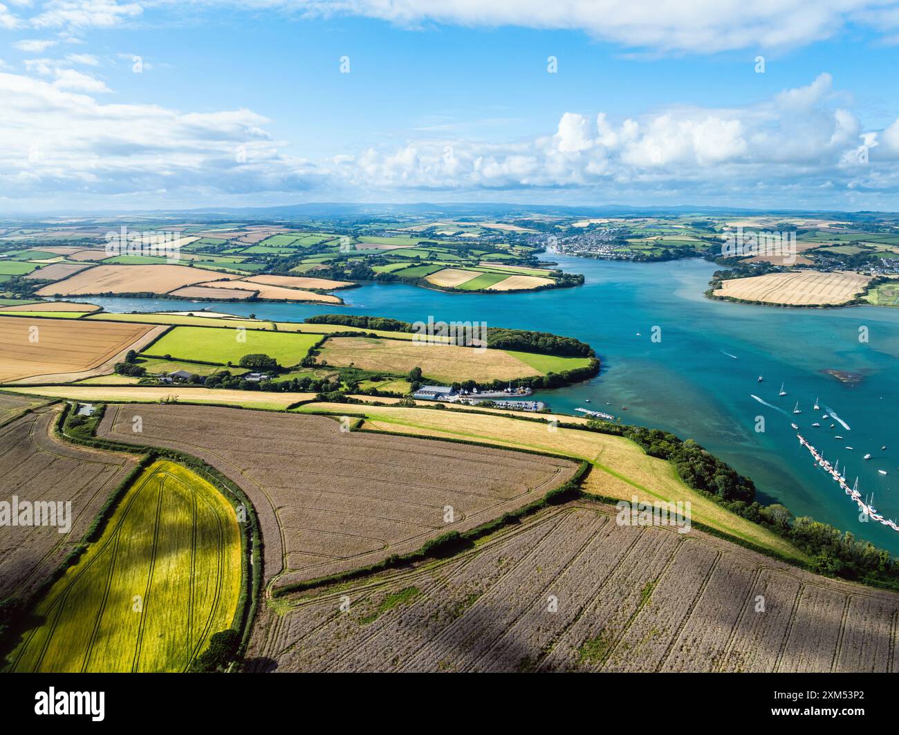 Salcombe e Mill Bay sull'estuario di Kingsbridge da un drone, Devon, Inghilterra, Europa Foto Stock