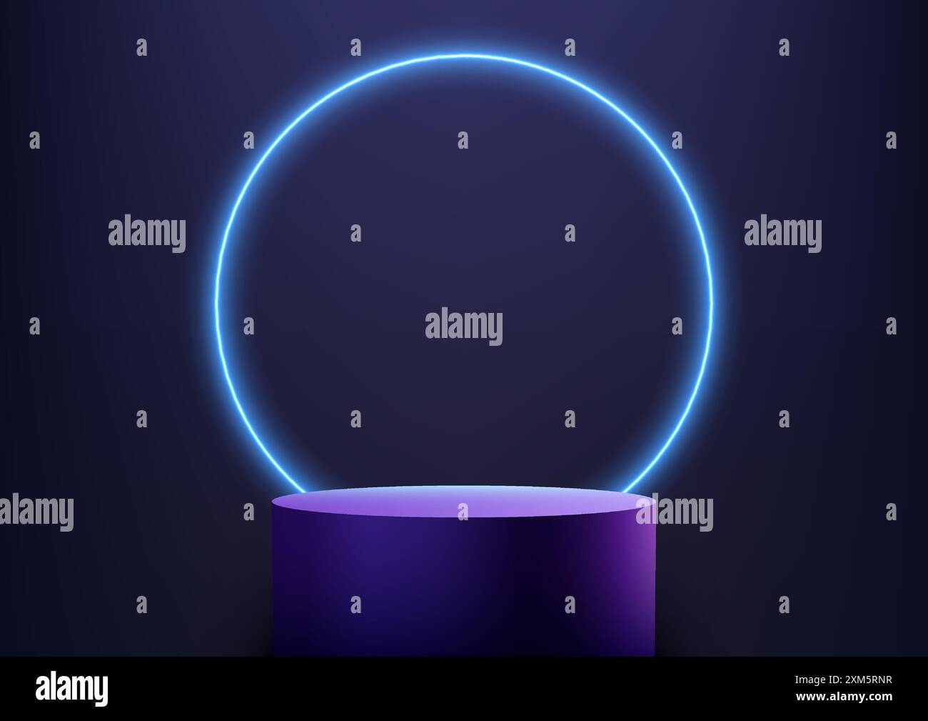 Il vibrante cerchio al neon illumina il podio viola, lo straordinario palcoscenico per il concetto tecnologico, l'esposizione di prodotti moderni e il mockup Illustrazione Vettoriale