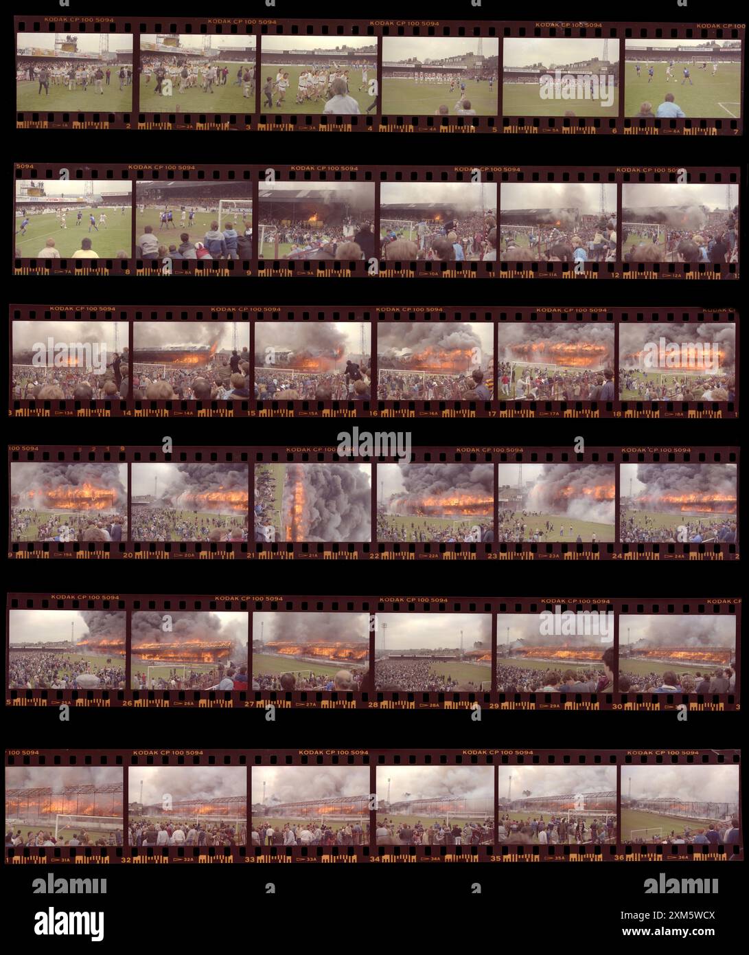 1 ora nel pomeriggio al Bradford City Football Club e all'imminente incendio 11 maggio 1985 Valley Parade Bradford West Yorkshire Inghilterra Regno Unito Foto Stock