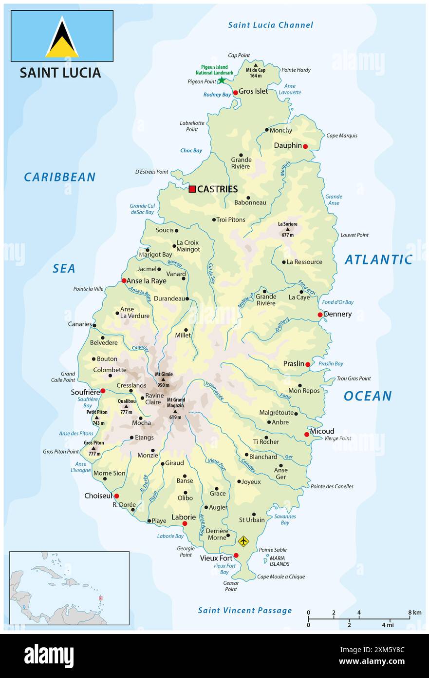 Mappa dello stato dell'isola delle Indie occidentali di Saint Lucia Foto Stock