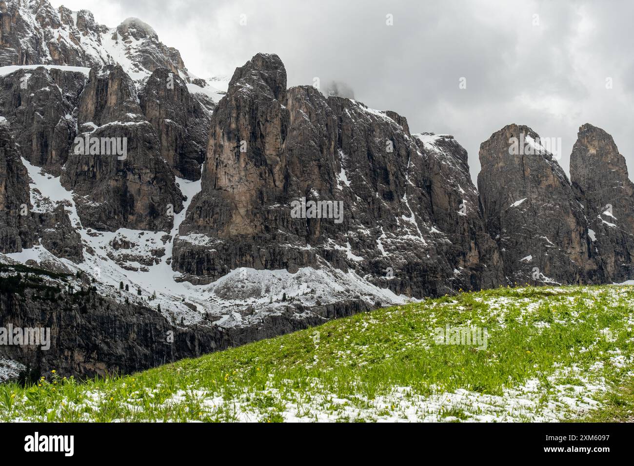 Tra la neve che si scioglie a giugno, la Sellagruppe Corvara si erge maestosamente sullo sfondo, mentre la vibrante erba verde mette in risalto il contrasto dei primi anni Foto Stock