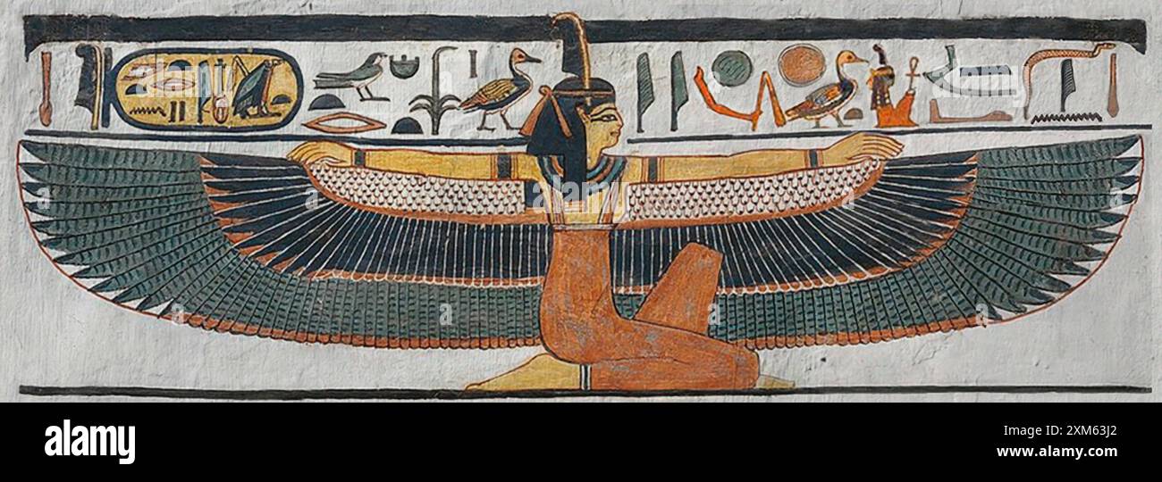 7284. Maat dea della verità, della giustizia e dell'ordine cosmico nell'antica mitologia egizia. Raffigurata come una donna con la coda di un uccello piuma sulla testa, a volte mostrata con le ali sotto le braccia Foto Stock