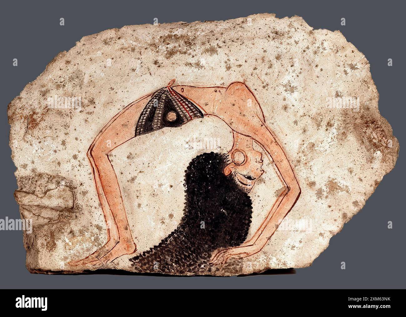 7308. Frammento di un dipinto murale raffigurante una donna ballerina o acrobata, c. 1295-1186 a.C. Egittina. Foto Stock