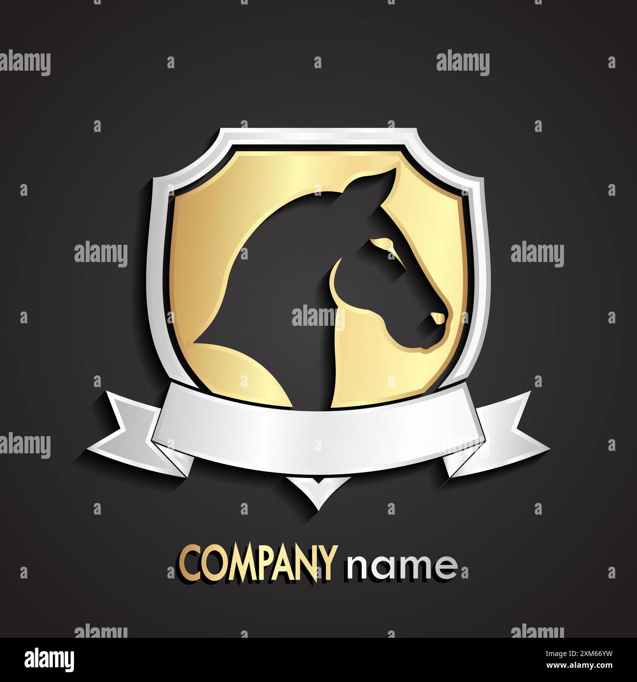 logo in argento dorato 3d con araldica di cavallo Illustrazione Vettoriale