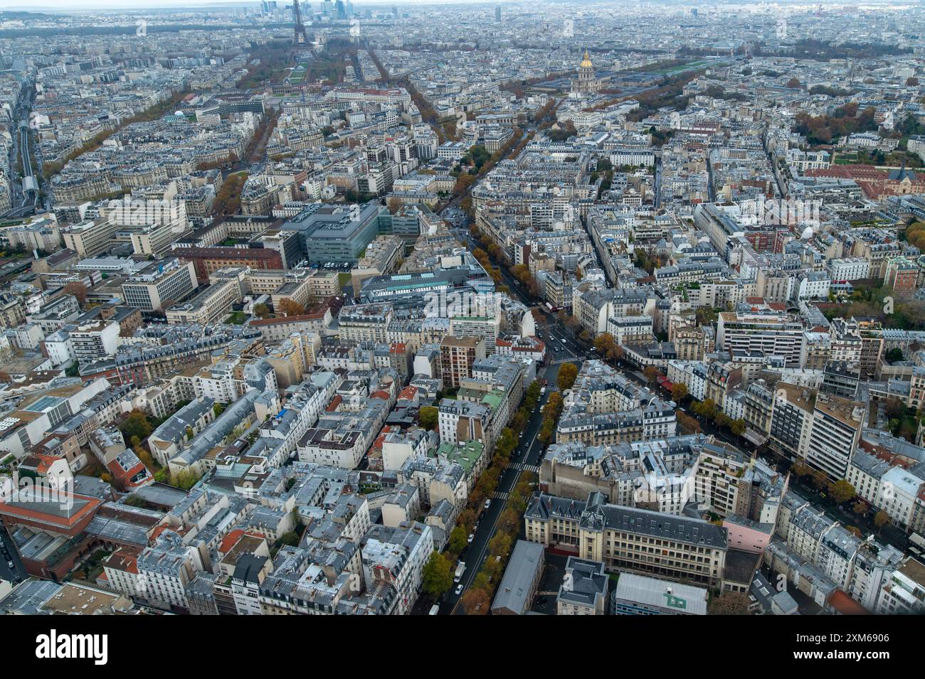 Detaillierte Luftaufnahme von Paris mit Eiffelturm und Detaillierte Luftaufnahme von Paris mit Eiffelturm und Invalidendom Frankreich, Parigi, Luftaufnahme von Paris mit dem Eiffelturm und dem Invalidendom im Hintergrund, zeigt die dichte Straßen Architektur und die belebten französischen der Städtische Hauptstadt Himunstadt bewölkten Himunter. *** Vista aerea dettagliata di Parigi con la Torre Eiffel e vista aerea dettagliata di Parigi con la Torre Eiffel e la Cattedrale degli Invalides Francia, Parigi, Vista aerea di Parigi con la Torre Eiffel e la Cattedrale degli Invalides sullo sfondo, mostrando la densa urba Foto Stock