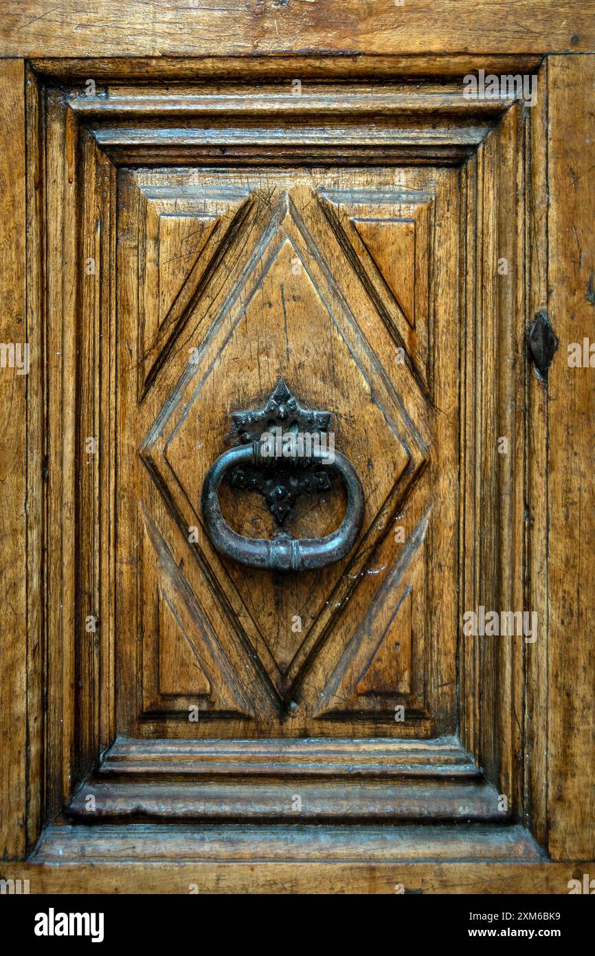 Porta in legno dal design complesso con l'esclusivo Knocker in un ambiente storico europeo Foto Stock