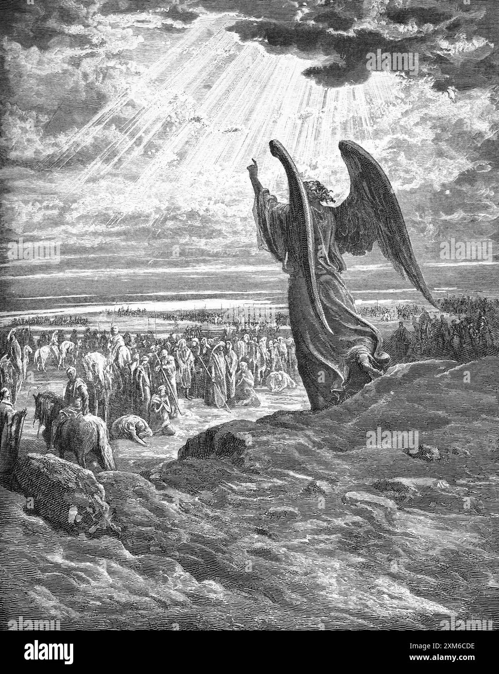 Incisione in legno dell'Angelo che appare a Giosuè (Giosuè 5:9-15) di Gustave Dore dall'Antica Sacra Bibbia del XIX secolo Foto Stock