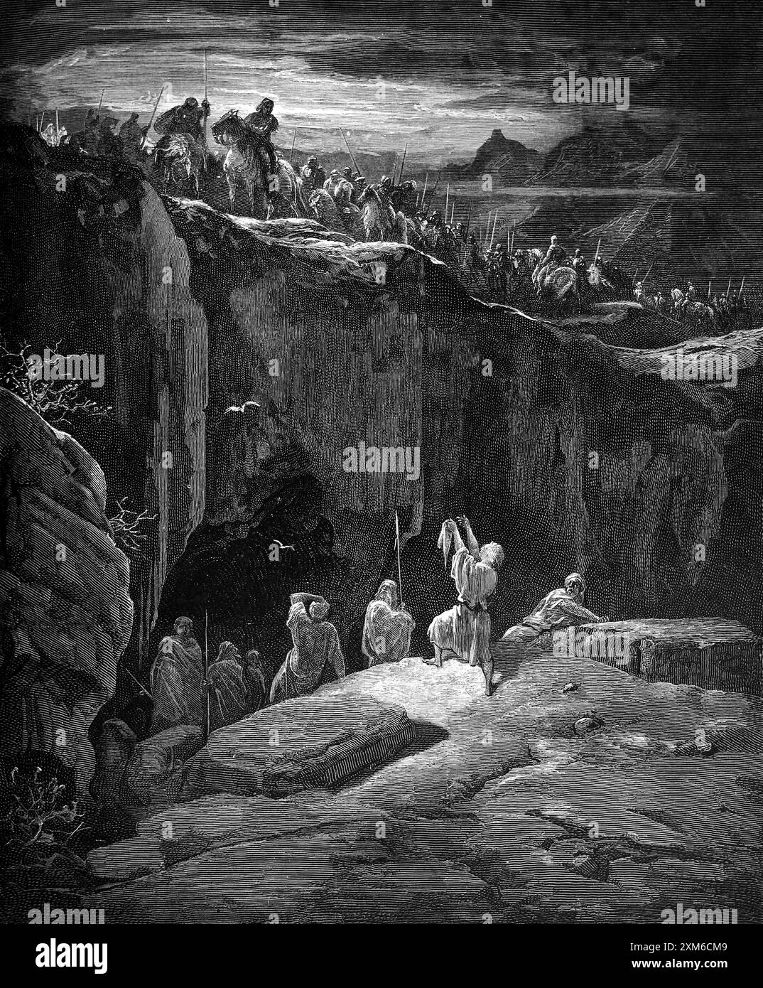 Incisione in legno di Davide che mostra al re Saul che ha risparmiato la vita da Gustave Dore 1Samuele 24:8-10 - quando il re Saul stava lasciando la grotta a EN-Gedi A. Foto Stock