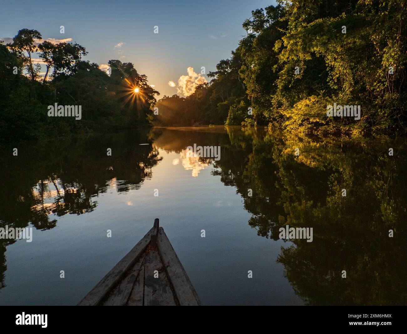 Vista del tramonto dalla barca di legno sulla laguna di Mata Mata vicino al fiume Javari. Amazzonia. Sud America. Foto Stock