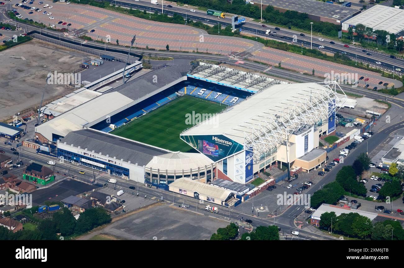 Una fotografia aerea del Leeds United Elland Road Football Stadium, West Yorkshire, Inghilterra settentrionale, Regno Unito Foto Stock