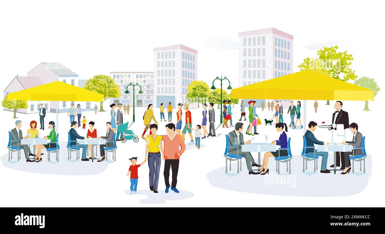 Sagoma della città con gruppi di persone che hanno tempo libero nel quartiere residenziale, illustrazione Foto Stock