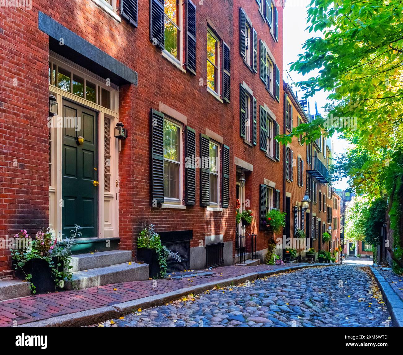 Ammira la stretta strada acciottolata Acorn Street e la sua fila di case cittadine. Nel famoso e storico quartiere residenziale di Beacon Hill di Boston. Foto Stock