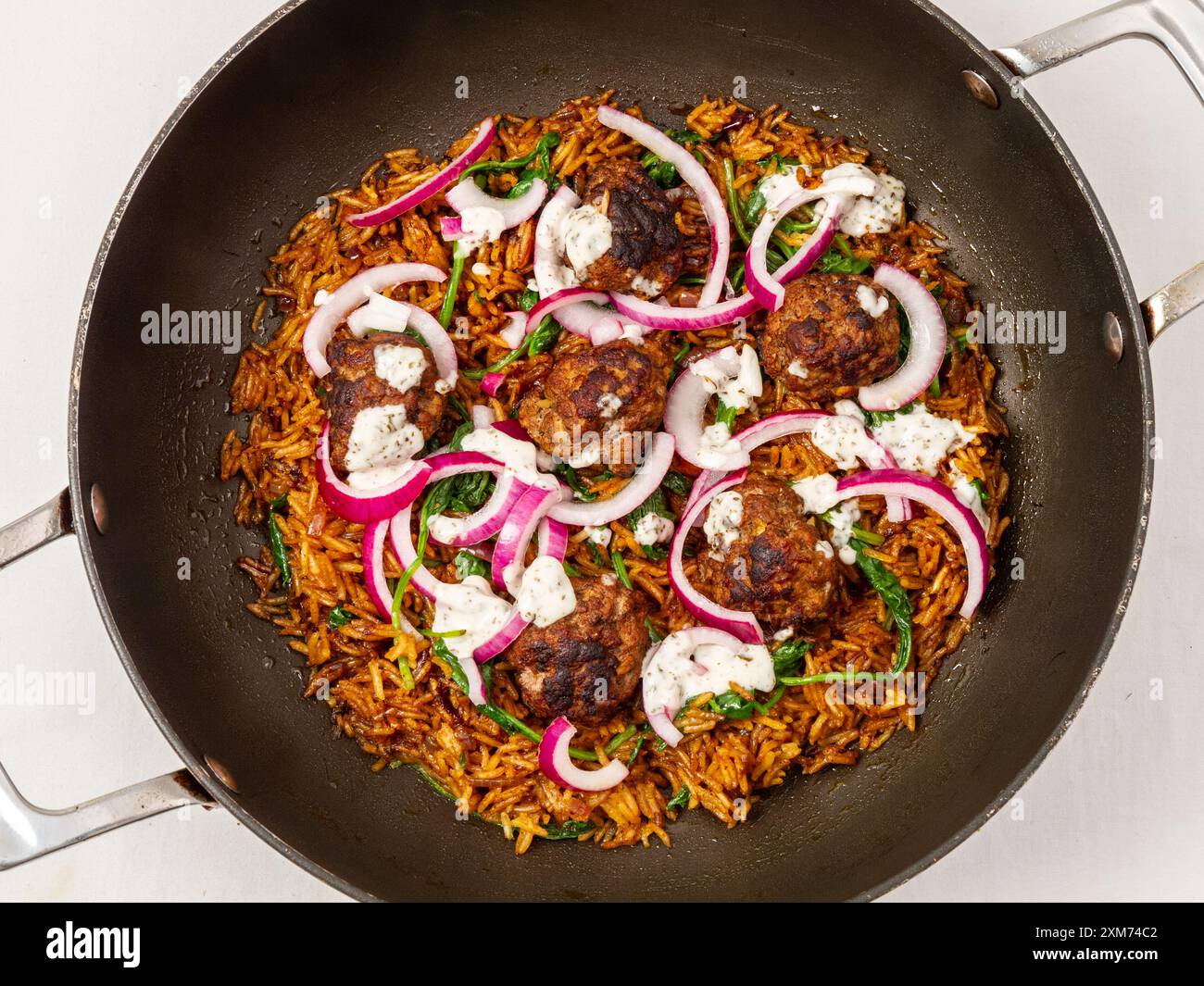 Biryani di polpetta di agnello con maionese alla menta e cipolle sottaceto, dall'alto Foto Stock
