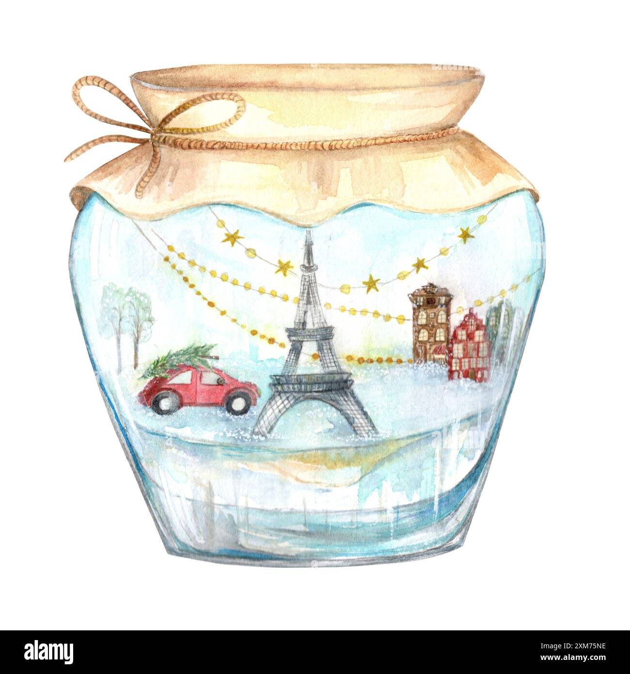 Vaso di vetro di Natale. Illustrazione ad acquerello di decorazioni natalizie con tema invernale di Parigi. Disegnato a mano. Decantazione per le decorazioni di Natale e Capodanno 2025. Foto Stock