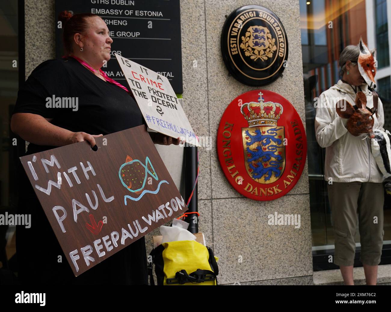 La gente partecipa a una protesta fuori dall'ambasciata danese a Dublino che chiede il rilascio del veterano attivista ambientalista e attivista anti-baleniera Paul Watson, che è stato arrestato a Nuuk, in Groenlandia, per un mandato di arresto internazionale emesso dal Giappone. Data foto: Venerdì 26 luglio 2024. Foto Stock