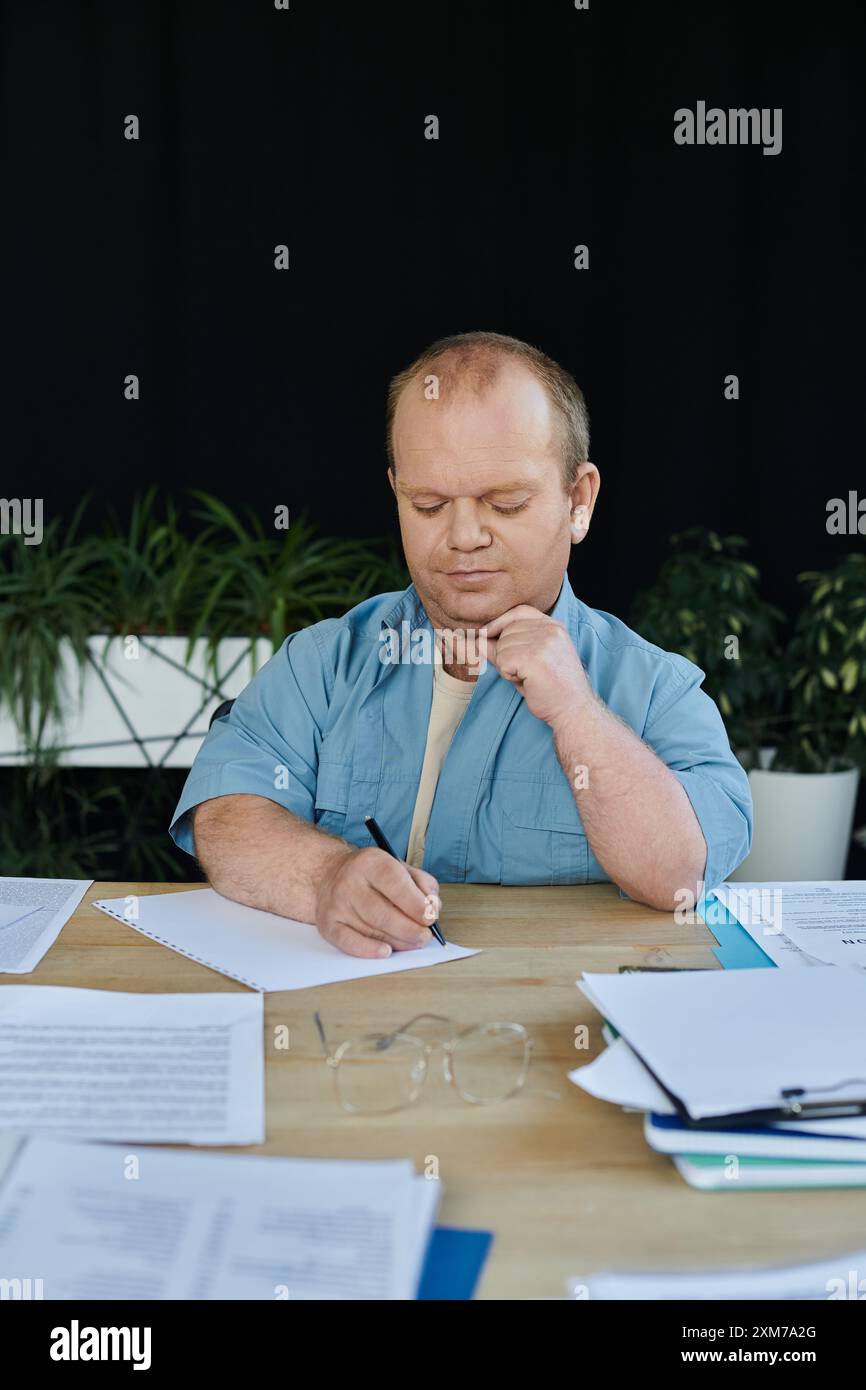 Un uomo con inclusività siede ad una scrivania scrivendo su un pezzo di carta, circondato da altri documenti. Foto Stock