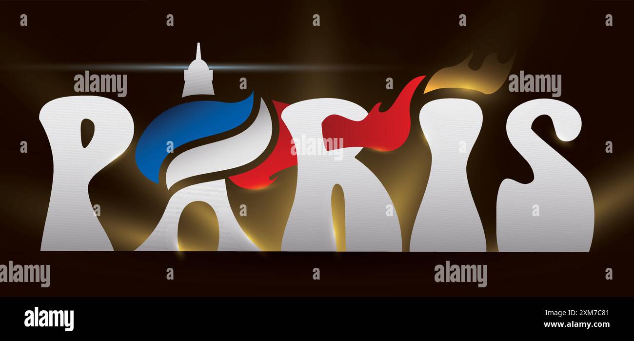 Insegna di Parigi decorata con la silhouette della Torre Eiffel, fiamma come torcia e luci su sfondo scuro. Illustrazione Vettoriale