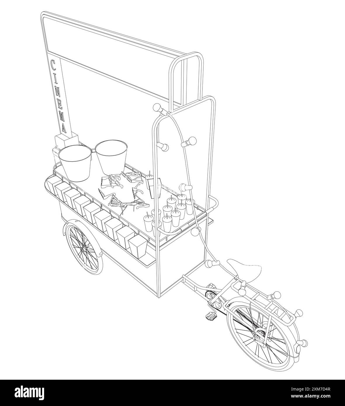 Illustrazione vettoriale della macchina per popcorn. Chiosco vintage nel parco divertimenti. Cibo di strada. Cibo da cinema a triciclo. Vista isometrica. 3D. Illustrazione Vettoriale