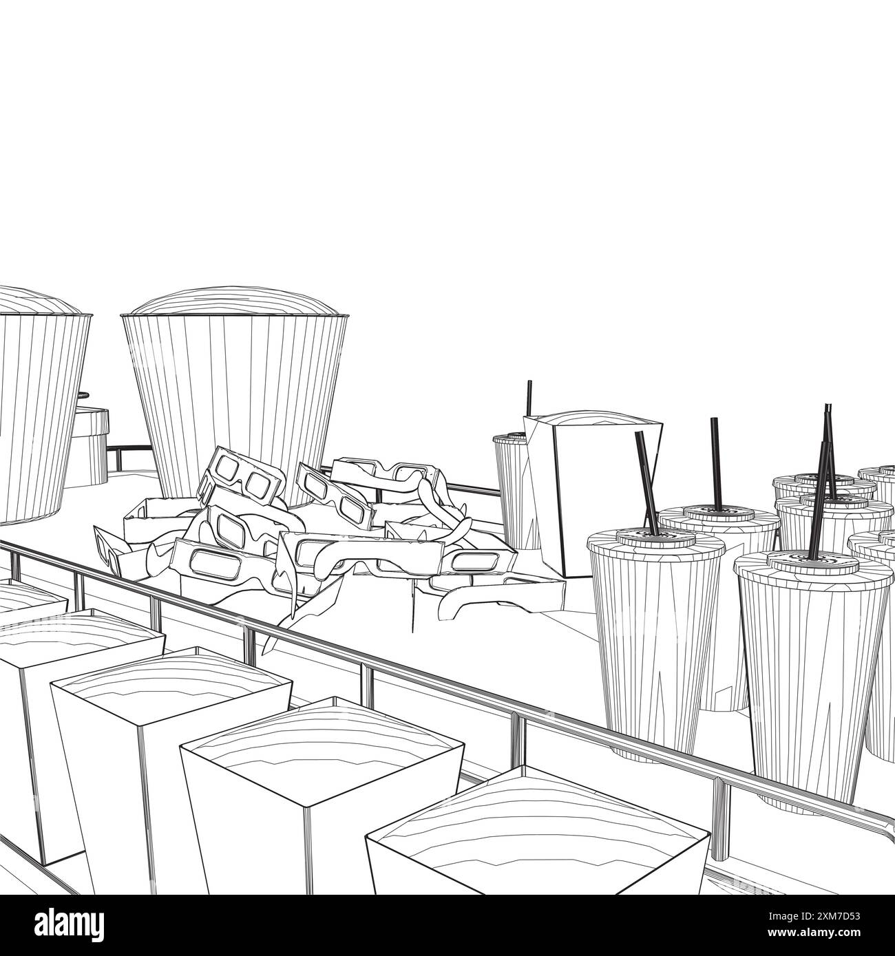 Contorno delle confezioni con popcorn, bicchieri con soda, bicchieri da cinema con linee nere isolate su sfondo bianco. Illustrazione vettoriale. Illustrazione Vettoriale