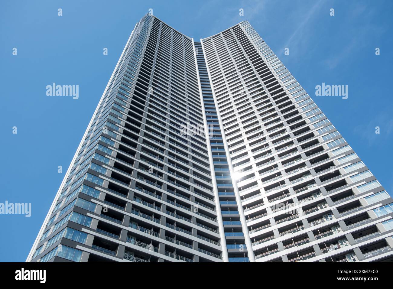 Vista sotto i grattacieli della città di Tokyo. Giappone. Alti edifici per uffici sullo sfondo del cielo nuvoloso Foto Stock