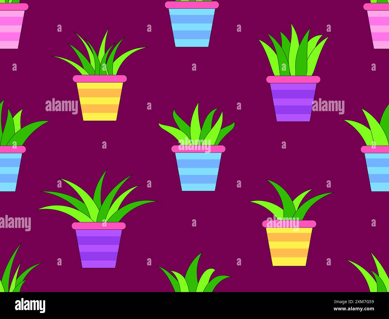 Motivo senza cuciture con piante da interno in vaso in stile minimalista. Piante al chiuso in una pentola con un contorno nero. Progettazione di piante per la casa per carta da parati, involucri Illustrazione Vettoriale