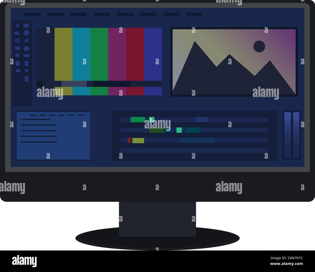 Produzione video, Modifica icona Desktop nero, software finestra timeline editing video, mixer editing, video workshop, software video su computer nero Illustrazione Vettoriale