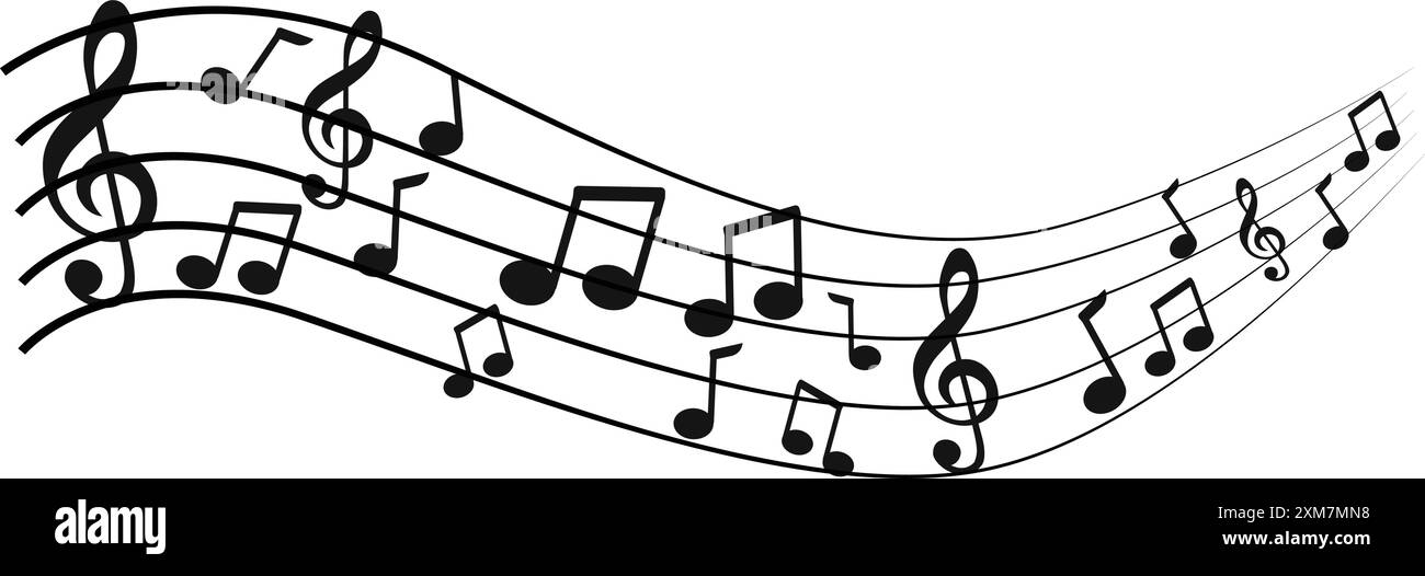 Note musicali onda, segni musicali curva, simbolo della linea dell'onda sonora, composizione acustica, nota musicale, suono musicale, onde musicali Illustrazione Vettoriale