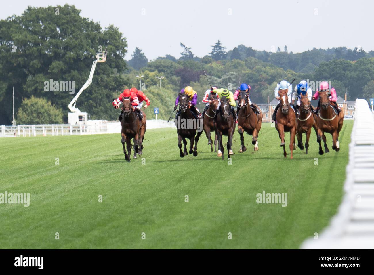 Ascot, Regno Unito. 26 luglio 2024. Horse Billy Mill (R) guidato dal fantino Saffie Osborne (sete rosa) vince la Chapel Down handicap Stakes presso l'ippodromo di Ascot nel Berkshire durante la gara del QIPCO King George Friday. Proprietario Canisbay Bloodstock, allenatore Rod Millman, Cullompton. Crediti: Maureen McLean/Alamy Live News Foto Stock