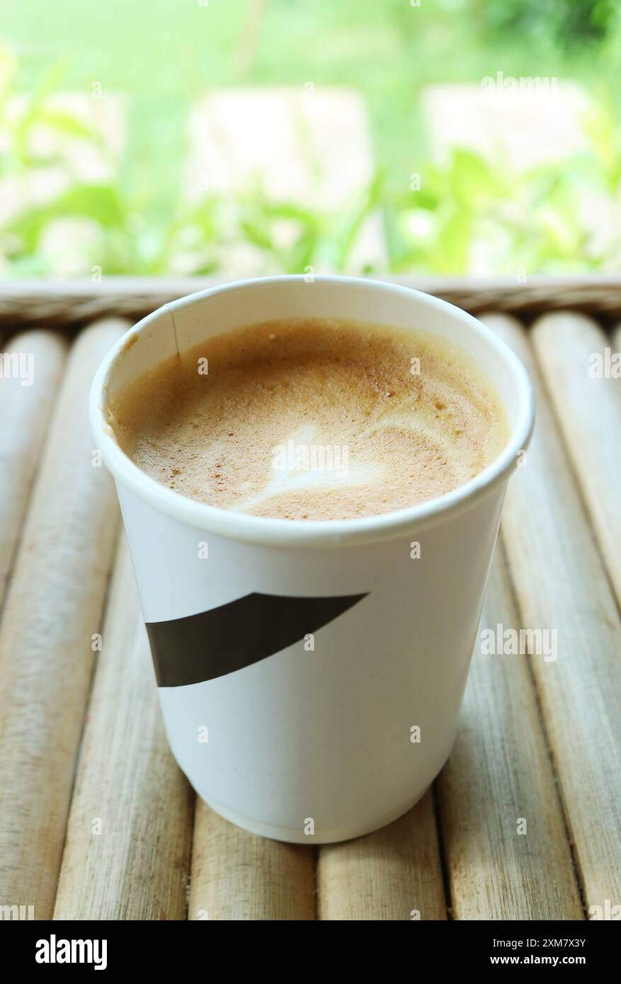 Caffè cappuccino caldo in una tazza di carta da asporto Foto Stock