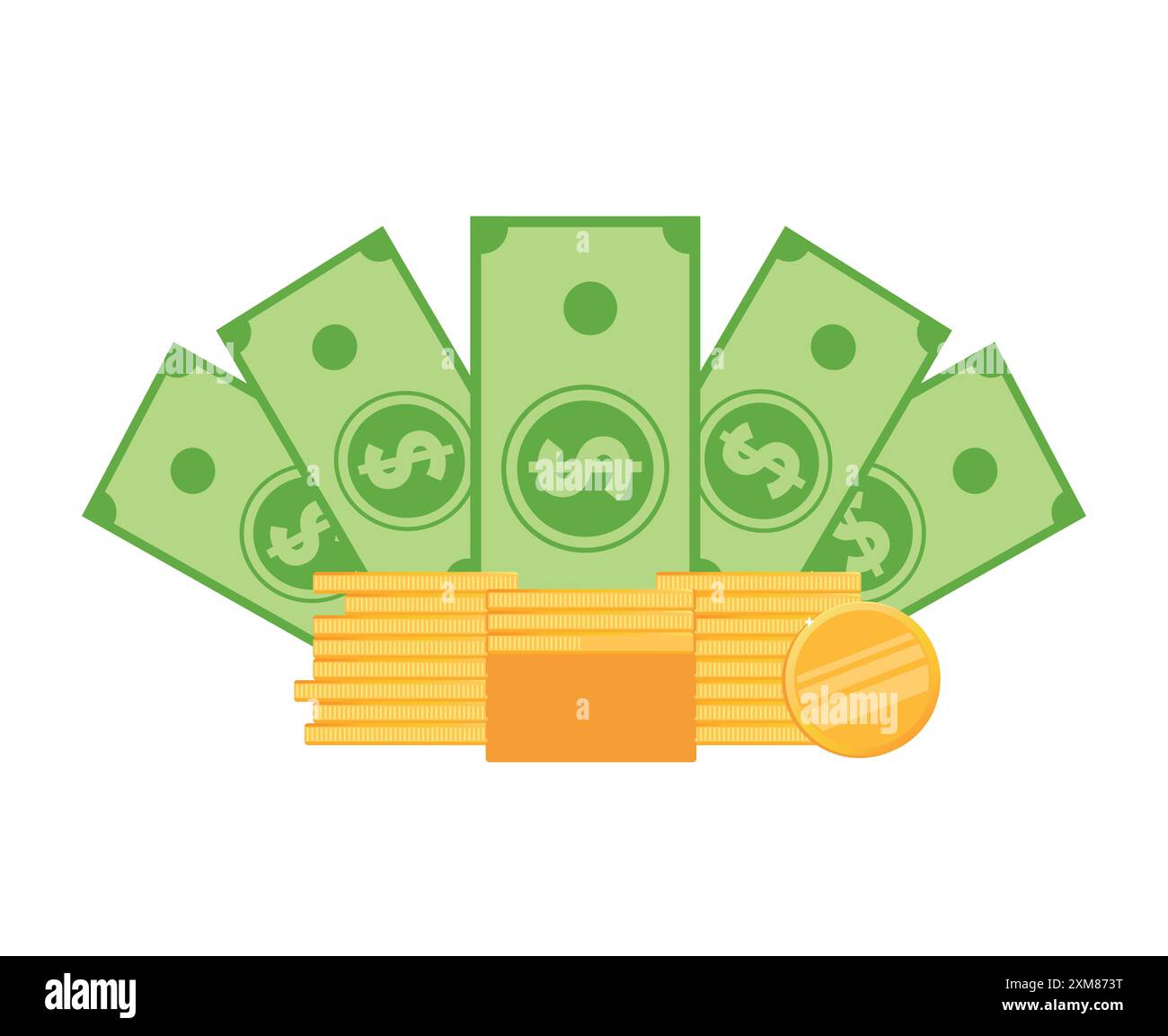 Benessere finanziario, concetto di guru finanziario. L'uomo siede in posa di loto su una pila di monete d'oro con banconote da dollaro sullo sfondo. Meditare su Mo Illustrazione Vettoriale