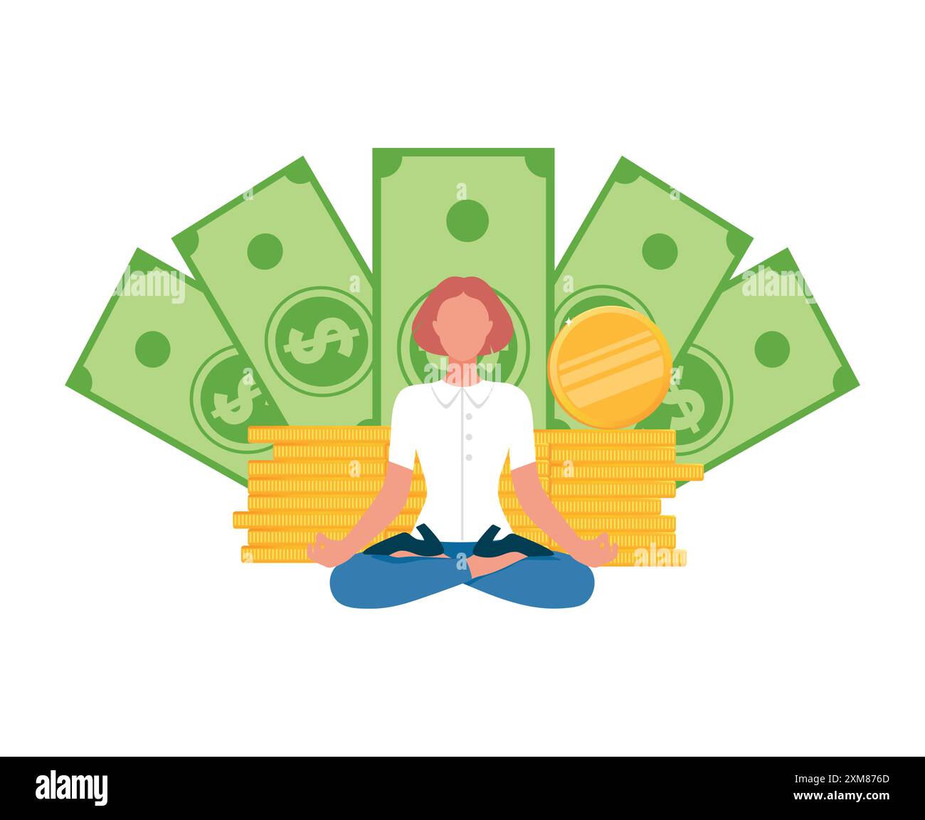 Benessere finanziario, concetto di guru finanziario. La donna siede in posa di loto su una pila di monete d'oro con banconote da dollaro sullo sfondo. Meditando Illustrazione Vettoriale