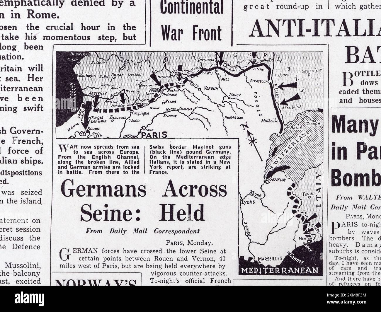 "Italia: Iniziano le ostilità" titolo del Daily mail (replica), 11 giugno 1940, mentre l'Italia entra a far parte delle potenze dell'asse. Foto Stock
