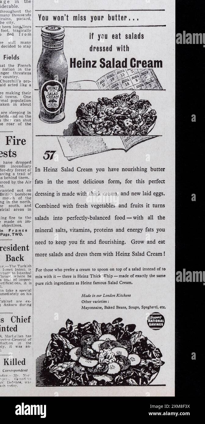 Pubblicità per HeinzSalad Cream' nel Daily mail (replica), 11 giugno 1940, mentre l'Italia si unisce alle potenze dell'asse. Foto Stock