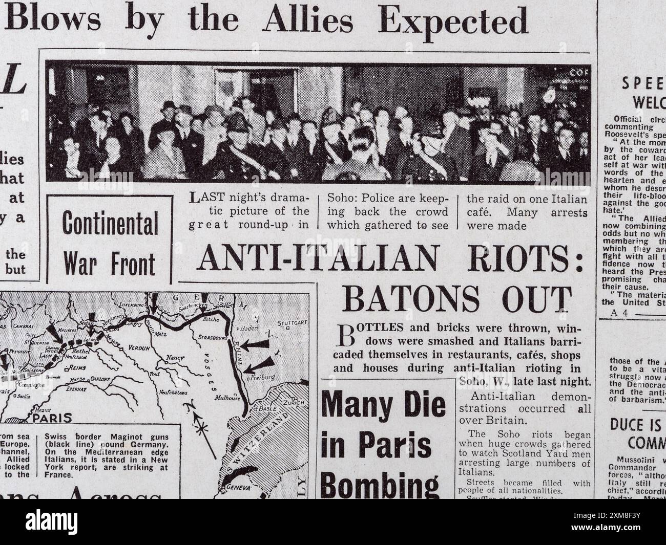 "Rivolte anti-italiane: Batons out", titolo del Daily mail (replica), 11 giugno 1940, mentre l'Italia entra a far parte delle potenze dell'asse. Foto Stock