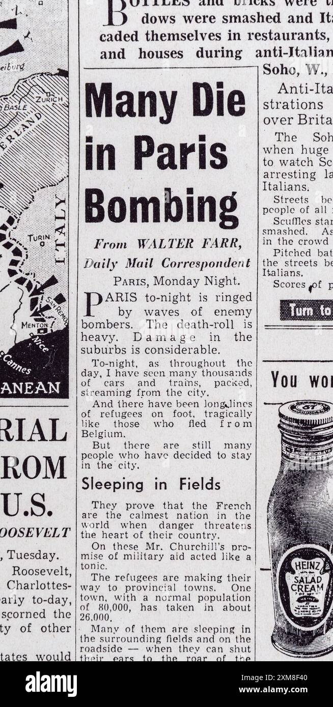 "Many Die in Paris Bombing" titolo del Daily mail (replica), 11 giugno 1940, mentre l'Italia si unisce alle potenze dell'asse. Foto Stock