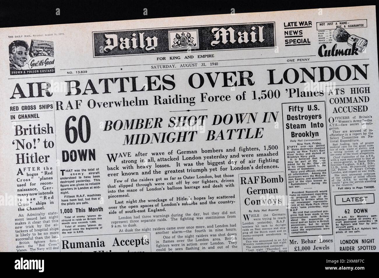 Titolo "Air Battles over London" in prima pagina del Daily mail (replica), 31 agosto 1940, durante la Battaglia d'Inghilterra. Foto Stock